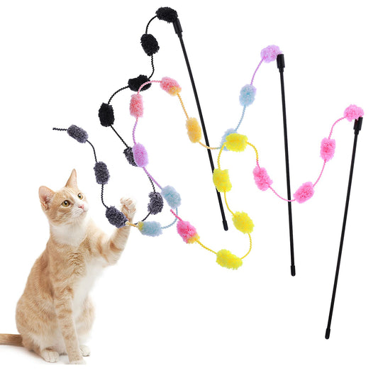cobee Cat String Toys 3 Pack Interactive Cat Teaser Wand String Toys Colorful Ribbon with Furry Plush Balls for Kittens Stick Cat Toys for Indoor Cats to Play Chase Exercise